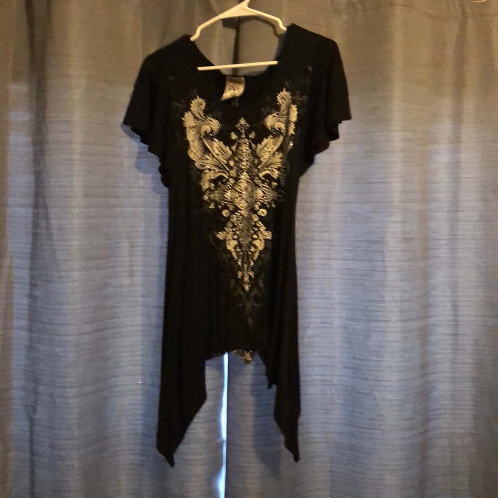 Black dressy shirt with bling cross & zip in back